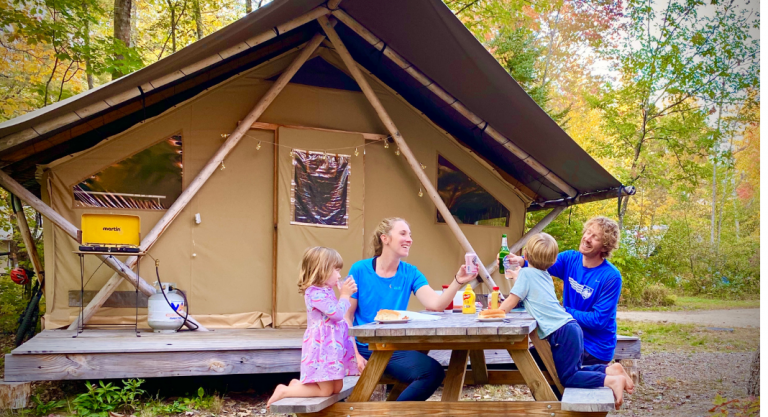 family at huttopia glamping campground