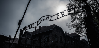 albeit macht frei sign at Aushwitz - International Holocaust Remembrance Day