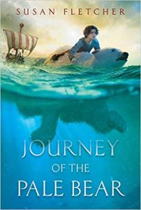 Journey of the Pale Bear book cover - child riding polar bear in water with ship in the distance