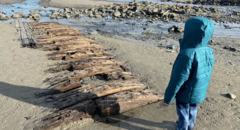 child looks at shipwreck on the Seacoast of New Hampshire